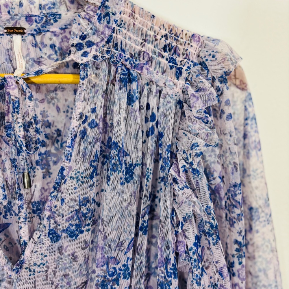Free People Twyla Floral Sheer Smocked Puff Sleeve Blouse Lilac Boho Medium - Picture 5 of 7